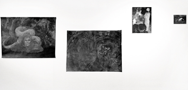 Left: Elina Katara | Melusina | 2013 | ink on paper; middle left: Floating | 2013 | ink on paper; middle right: Eel | 2013 | ink on paper; right: Frog Prince Narcissus | 2013 | ink on paper