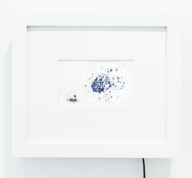 Elina Katara | Nest | 2015 | ink on paper, paper cuttings, animation/video, wooden frame. The animation is visible through the cuttings in the paper and shows a swarm of flies bustling.