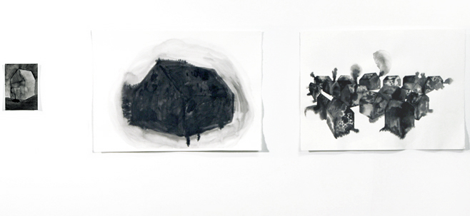 Left: Elina Katara | Hole | 2013 | ink on paper; middle: Usher's House | 2013 | ink on paper; right: Village | 2013 | ink on paper
