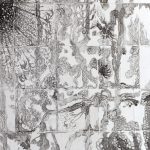 Elina Katara | Growth (detail) | 2024 | ink, primer and engraving on laminated chipboard found in a skip